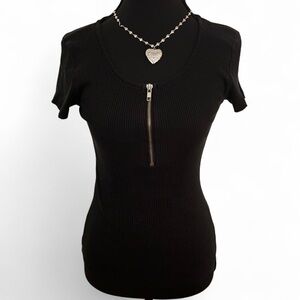 y2k black zipper ribbed top